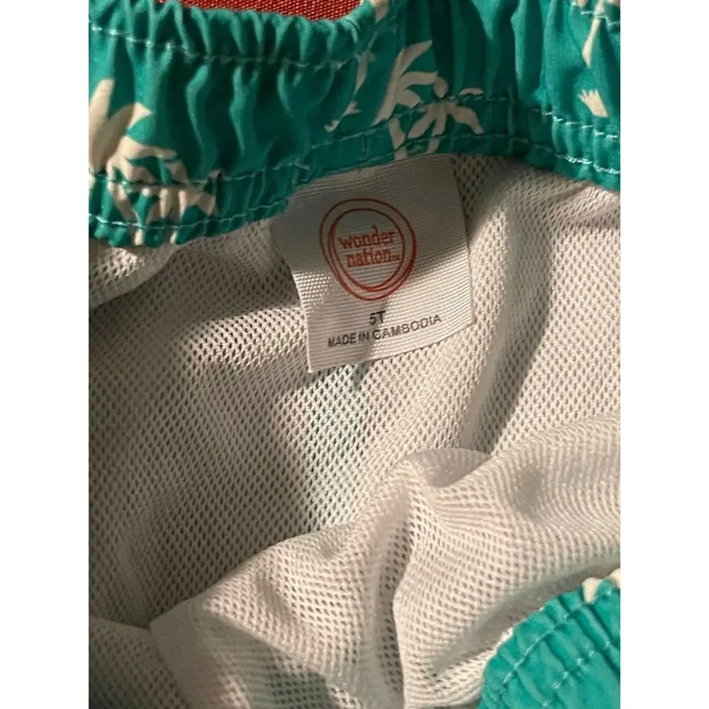 Wonder Nation Swim Shorts Boys 5T Palm Print Lined Elastic Waist Turquoise